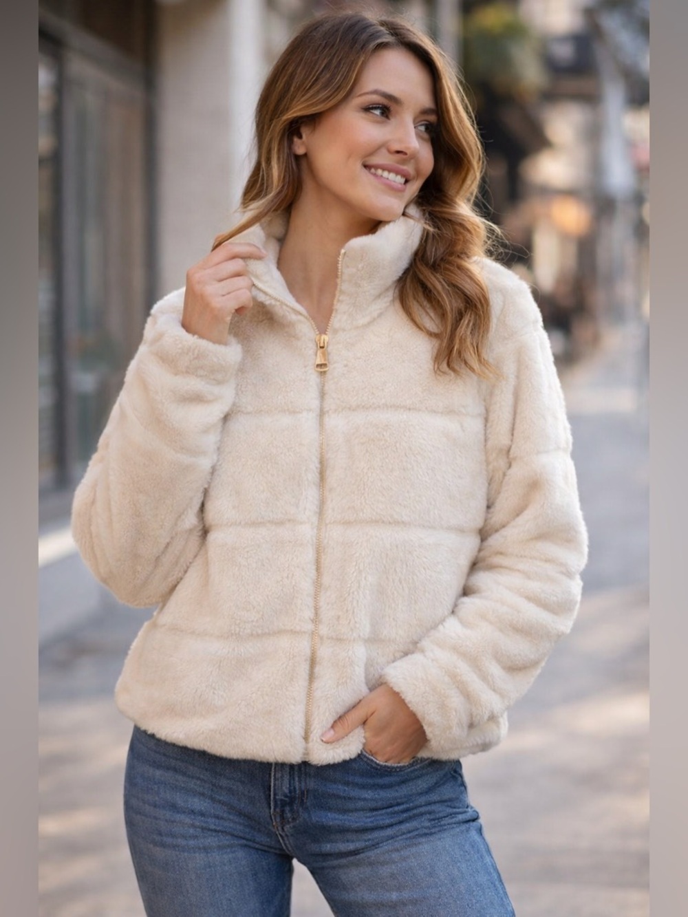 Ci Sono Vanilla Luxurious Faux Fur Coat Short Cream Chic Mobwife Winter Warm